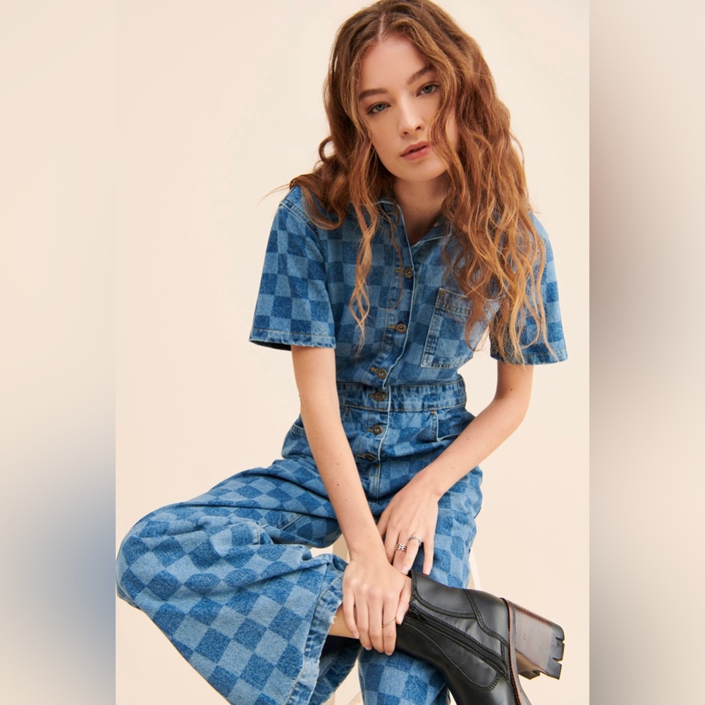 Checkered Wide Leg Denim Coveralls